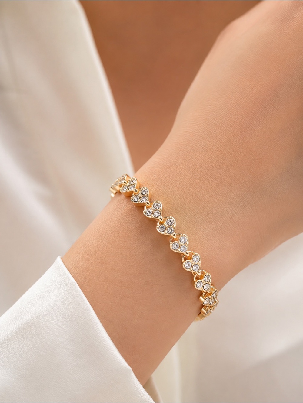 Gold Tone Crystal Heart Link Bracelet – Sparkly Rhinestone Statement Jewelry